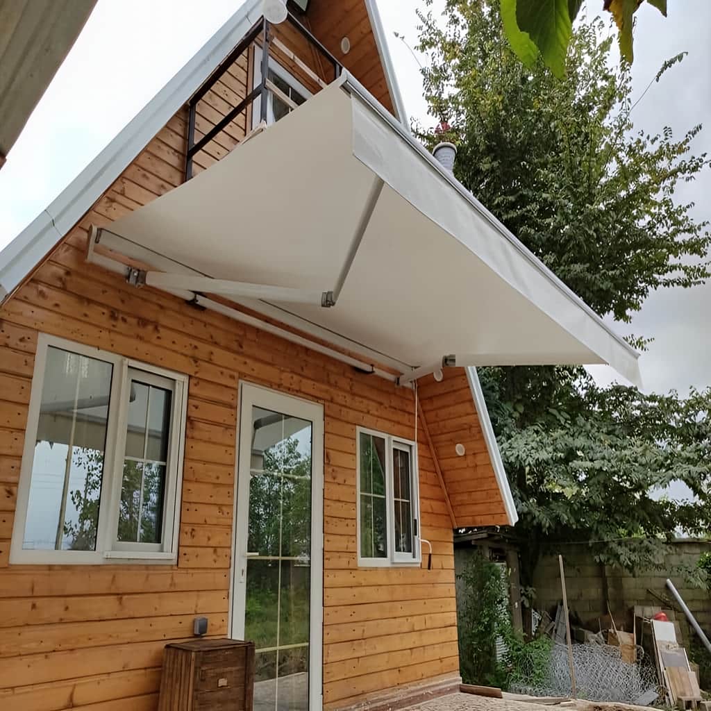 سایبان برقی پارچه کرم نمای فروشگاه